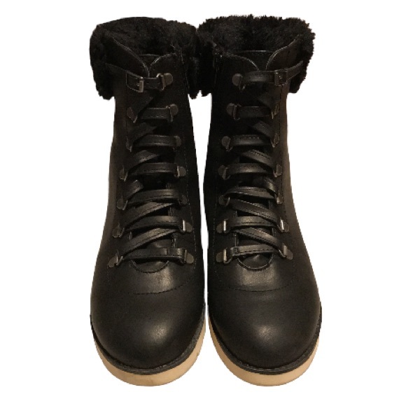 FREE PEOPLE MIA COMBAT STYLE BLACK LACE UP BOOTS WITH SIDE ZIPPER&FAUX FUR HEEL - Picture 2 of 10